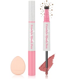Liquid Blush Freckle Pen, 2-IN-1 Light Brown Fake Freckle Stamp & Soft Pink Blush Stick for Cheeks, Waterproof Natural Sunkissed Dewy Cheeks Faux Freckles Face Tattoo Makeup with Puff (01#)