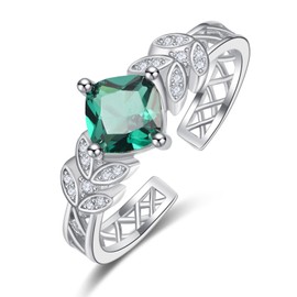 KINGWHYTE Leaf Ring 925 Sterling Silver Emerald Birthstone Ring Green Thumb Finger Ring May Birthstone Jewellery Gifts for Women Girls, Sterling Silver, Emerald