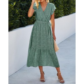 BTFBM Women Summer Bohemian Floral Casual Wrap V Neck Ruffle Cap Sleeveless Belt A-Line Pleated Hem Swing Midi Sun Dress (Dark Green, XX-Large)