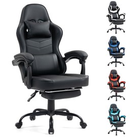 Gaming Chair with Footrest for Adults - Ergonomic Gaming Chairs with Foot Rest - Big and Tall Computer Game Chair - PU Leather Reclining Video Game Chairs with Spring Cushion - Black