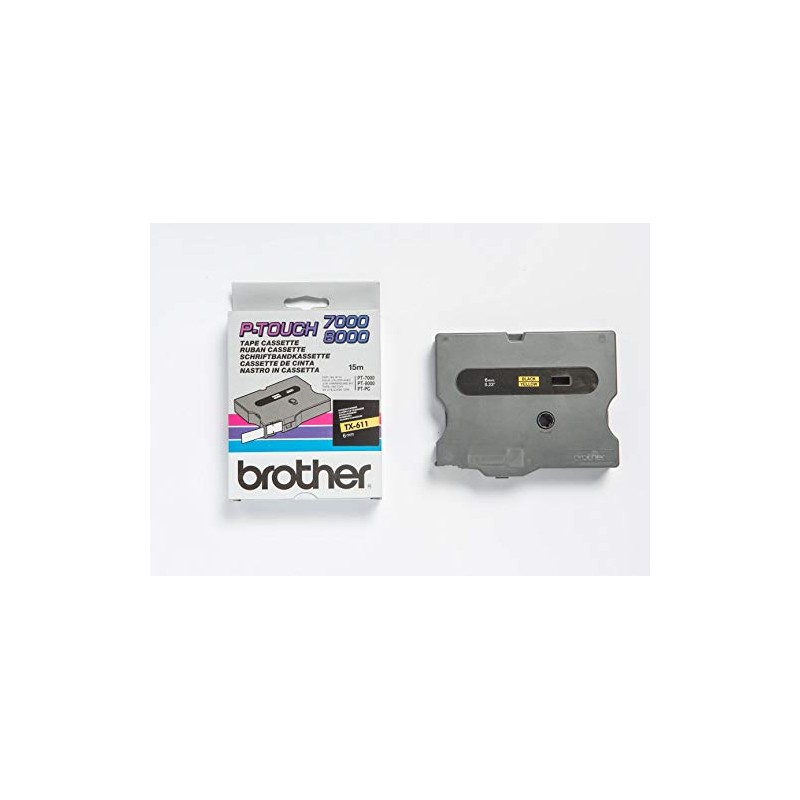 Brother TX-611 Labelling Tape Cassette, Black on Yellow, 6 mm
