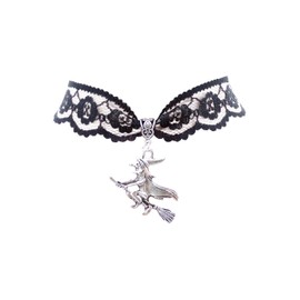 dunns-jewels Black Lace Choker Necklace with a Antique Silver 29x37mm Flying Witch