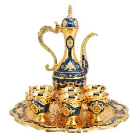 Vintage Teapot Set, Turkish Tea Cups Set of 6 Metal Wine Drinking Cups Hip Flask Set Russian Style Home Art Crafts Wedding Presents (Blue)