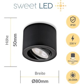 Sweet Led LED Surface-Mounted Spotlight Black Matt Dimmable CCT 5 W Swivelling 230 V Aluminium Surface-Mounted Spotlight Round Ceiling Spotlight with Interchangeable LED Module 3000 K 4000 K 6500 K
