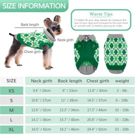 Kuoser Plaid Dog Sweater Warm Clothes, Patchwork Design Pet Dog Knitwear Classic Pullover Puppy Coat Cold Weather Sweatshirts with Leash Hole for Small Medium Cats Dogs (M, Green)