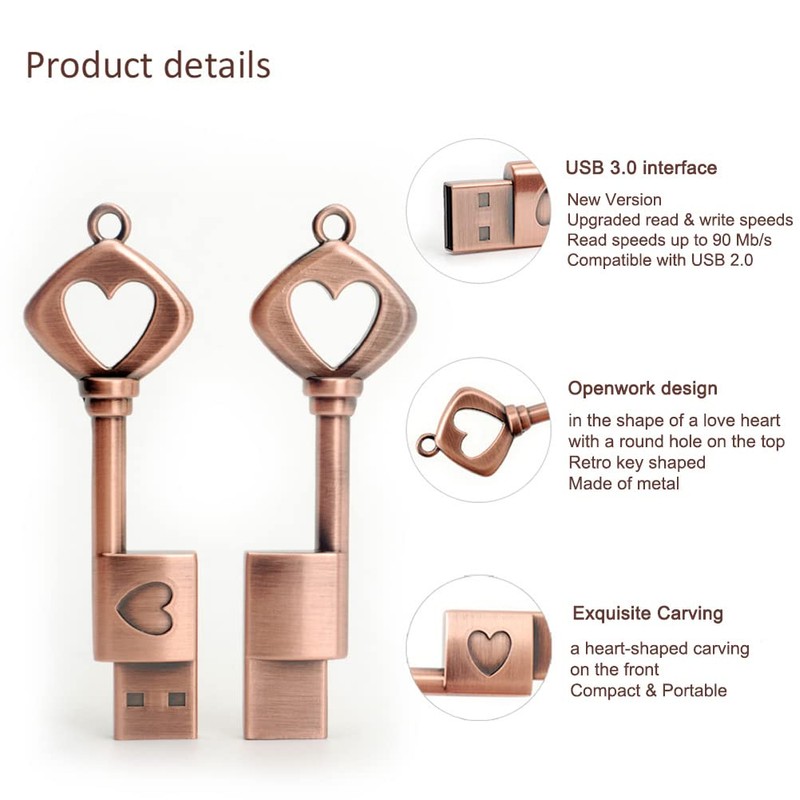 BorlterClamp USB Flash Drive Retro Metal Heart-Shaped Key Shaped Memory