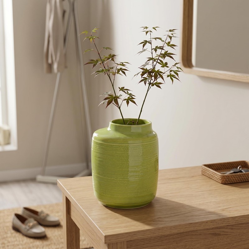Wancetang Green Ceramic Vase, 7 Inch, Slanted Mouth