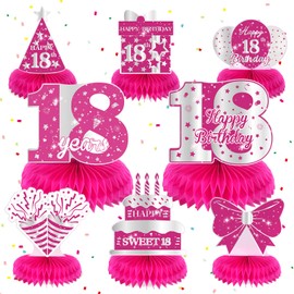 8Pcs Hot Pink 18th Birthday Party Decorations Girls Happy 18th Birthday Table Honeycomb Centerpieces for Table Decor Pink 18th Birthday Table Decorations Topper for Gilrs 18th Party Supplies