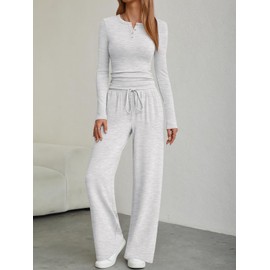 Trendy Queen Women's 2 Piece Matching Lounge Sets Fall Fashion Two Pieces Sweat Outfits Long Sleeve Wide Leg Pants Tracksuits V Neck Shirts 2025 Airport Travel Clothes Loungewear Clothing LGrey XL