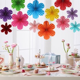 BestoFun Set of 12 Paper Flower Fans Colourful Paper Flowers Orange Pink Paper Fan Green Yellow Blue Hanging Light Pink Light Purple Garland Decoration for Wedding Garden Party Carnival Decoration