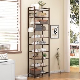usikey 10 Tiers Narrow Shoe Rack 20-30 Pairs, Sturdy Metal Tall Shoe Rack Shelf with 4 Hooks, Slim Shoe Storage with Metal Shelf, Space Saving Vertical Shoe Organizer for Entryway Bronze UNYXJX018A