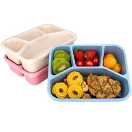 LVYOUIF 3 Pack Bento Lunch Box 4 Compartment Wheat Straw Divided Containers Reusable Meal Prep Lunch Containers for Snack Box Bento Snack Box for Outdoor Travel Office Travel
