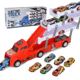 lebowen Transporter Car Playset, Catapult Track Truck with 8 Metal Racing Cars Foldable 4 Tier Storage Car Car Rack for Kids and Boys Gifts for Ages 3 and Up, Birthday Gift (Red)
