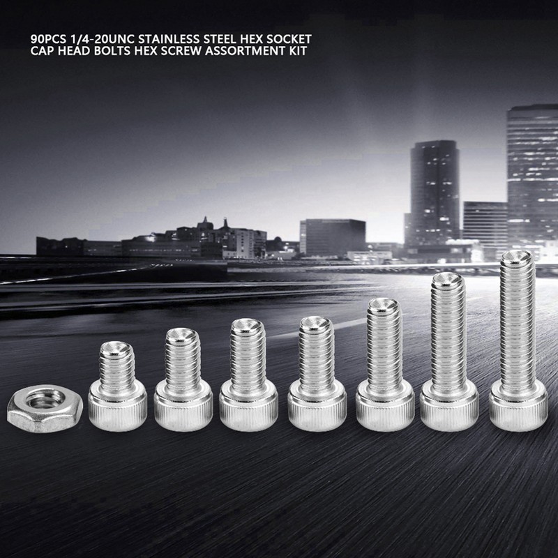 90pcs 1/4-20UNC Stainless Steel Hex Socket Cap Head Bolts Hex