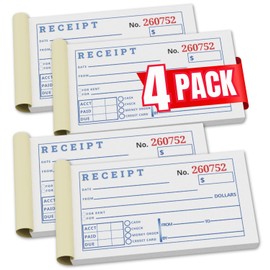 1InTheOffice Receipt Book with Carbon Copies, Rent Receipt Book, Cash Receipt Book, 2-3/4 x 5-3/8 Inches, 2-Parts, Carbonless, White/Canary, 50 Sets/Book, 4 Books
