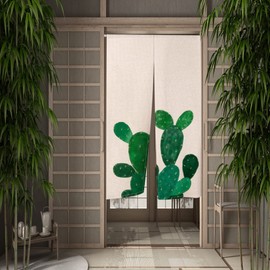Leowefowa Japanese Noren Doorway Curtains Window Treatment Door Curtain Cactus Printed Tapestry Doorway Curtain Polyester for Ukiyoe Room Divider Home Kitchen Decors 33.5" Width x 59" Long (Beige)