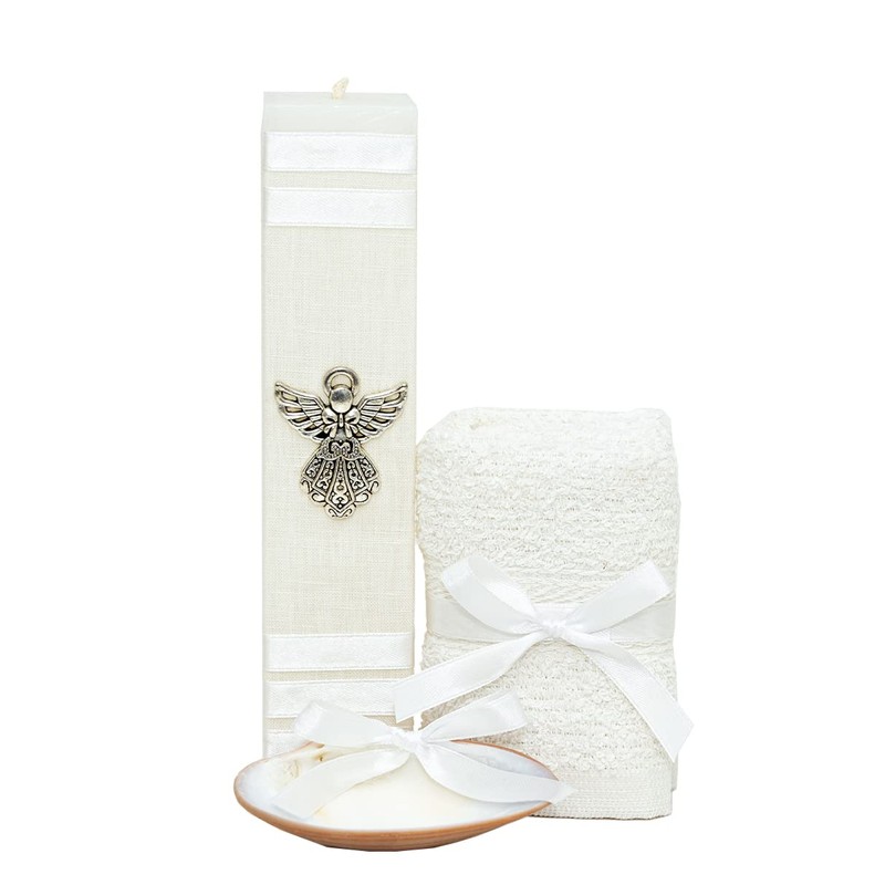 Generic Kit de Bautizo Blanco con ángel, vela cuadrada para