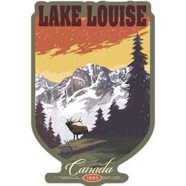 Die Cut Sticker Lake Louise, Canada, Mountain View and Elk, Distressed, Contour Vinyl Sticker 1 to 3 inches (Waterproof Decal for Cars, Water Bottles, Laptops, Coolers), Small