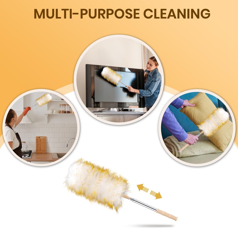 Extendable Feather Duster, 130cm Lambswool Duster for Cleaning Extendable and