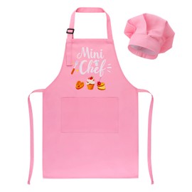 XLSXEXCL Kids Apron and Chef Hat Set, “Mini Chef” Funny Apron Adjustable Kitchen Apron for Boys and Girls for Cooking Baking Painting and Training (Pink)