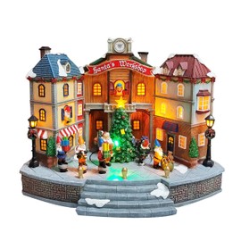 MOMENTS IN TIME 10.83“H Animated Santa’s Workshop Town Center (Moving Tree) - LED Lights, 8 Classic Carols Christmas Music, Adapter Included Christmas Village - Hand-Painted Polyresin