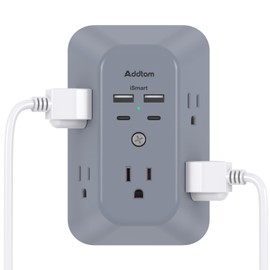 Addtam Surge Protector Outlet Extender, Multi Plug Wall Outlet with 4 USB Ports(2 USB-C), 3-Sided 1800J Power Strip Plug Extension Outlet Splitter, Gray