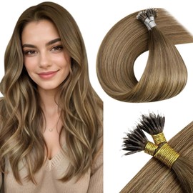 LaaVoo Nano Hair Extensions Human Hair Balayage Brown Nano Beads Hair Extensions 22 Inch Long Straight Nano Ring Hair Extensions for Women Light Brown Mix Dark Golden Blonde 1g/s 50g
