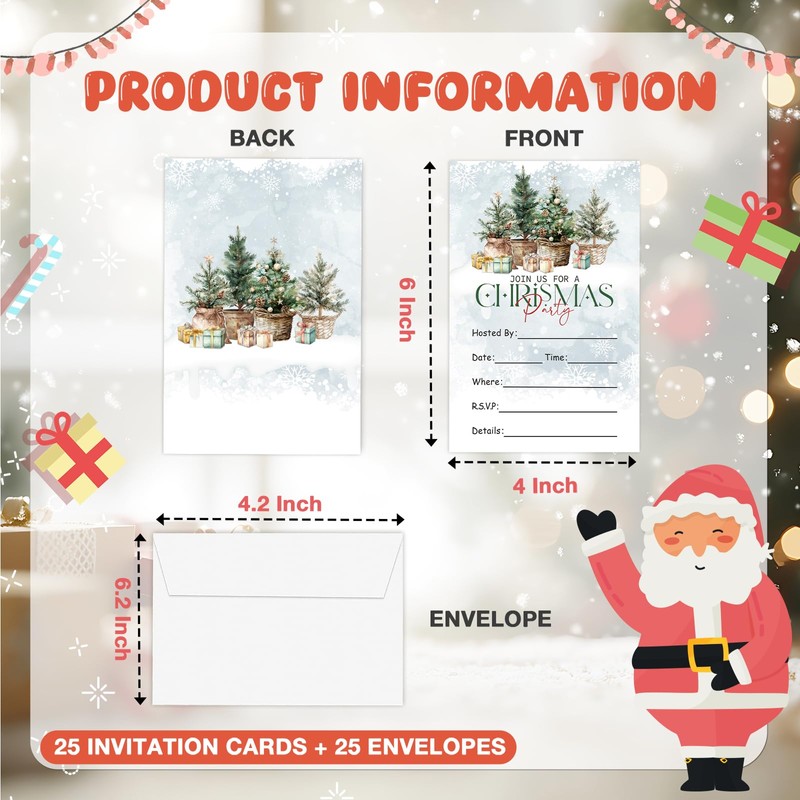 TIOFUNO Christmas Party Invitations, 25 Cards with Envelopes, Double-Sided Christmas