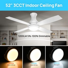 Consciot 52 inch Ceiling Fans with Lights Remote, Modern Ceiling Fan with Light, Dimmable 3 CCT, DC Motor, Easy Installation, Flush Mount for Bedroom Patio Living Room Kitchen Portico, Modern White