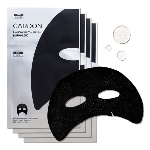 Cardon Face Mask for Bearded Men | Korean Sheet Mask for Men | Bamboo Charcoal Facial Mask and Beard Oil | 4-Pack