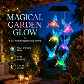 Solar Hummingbird Wind Chimes for Outdoor Decor – Color-Changing LED Hanging Light for Gardens & Patios