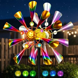 Solar Wind Spinner Outdoor - Metal Kinetic Garden Sculptures with Color Changing LED Crackle Glass Ball, Waterproof Wind Mill Stake for Yard, Patio, Lawn, and Pathway Decoration (Multi-Color)