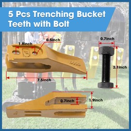 5 Pcs Trenching Bucket Teeth with Skid Steer Backhoe Bolt on Tooth for Skid Steer Loaders Grader Scraper Attachments, Yellow Mini Excavator Bucket Teeth with Bolt and Nuts