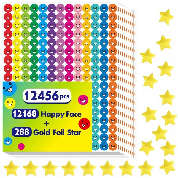 12456 Pcs Happy Face Star Stickers Mega Bundle in 14 Colors and 10 Designs for Reward Behavior Chart (Each Measures 3/8”)