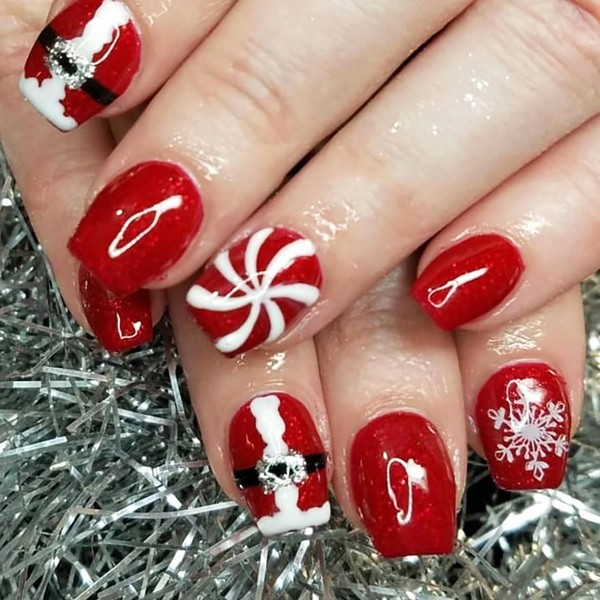Glitter Santa Claus Press on Nails Short Square Fake Nails
