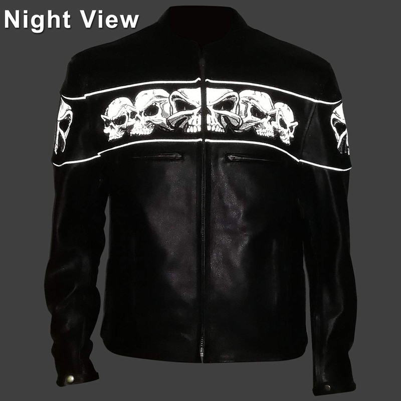 Premium Cowhide Leather Motorcycle Jacket With Reflective Skull (M)