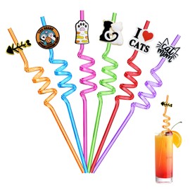 Ulife Mall Reusable Drinking Straws Novelty Cute Cat Decor Straws Curly Hard Plastic Straws Kids Birthday Party Decorations Supplies Family Reunion Party Favors - Pack of 6