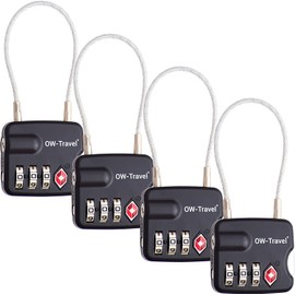 New TSA Approved Luggage Locks (4 Pack) OW-Travel 3 Digit Heavy Duty Zinc Alloy Security Cable Padlock, Combination Padlocks, Code Lock for Suitcase, Zipper, Luggage, Bag, Case, Gym Locker (Black)