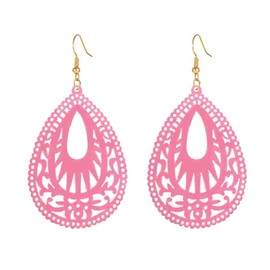 MALOYANVE Bohemian Wood Earrings for Women Handmade Natural Retro Lightweight Teardrop Geometric Hollow Wooden African Dangle Drop Geometric Statement Earrings Boho Vintage Ethnic (Pink)