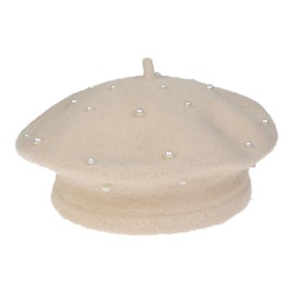 JK Home Girls Pearl Wool Beret Hat, French Princess Warm Artist Beanie Cap, Classic Vintage Autumn Winter Kids Painter Hats for 2-5 Years Beige