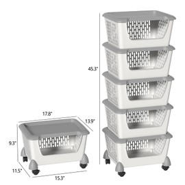 Joyeen 5 Pack Plastic Stacking Baskets with Wheels and Lids, Kitchen Stackable Organizer Basket, Grey
