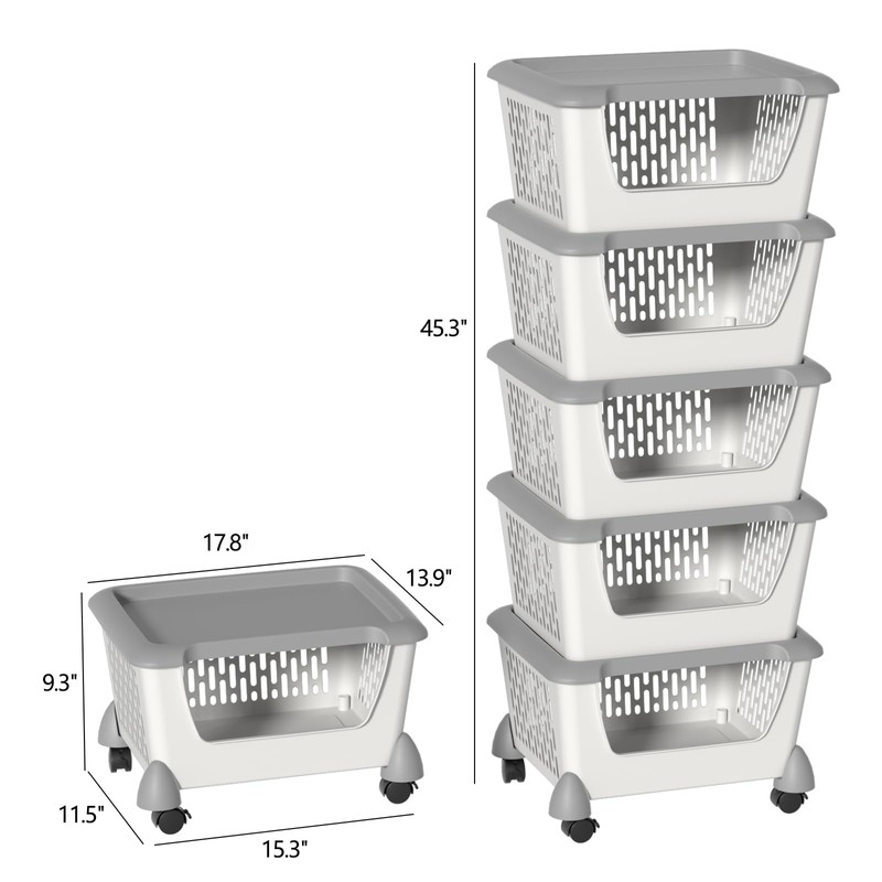 Joyeen 5 Pack Plastic Stacking Baskets with Wheels and Lids,
