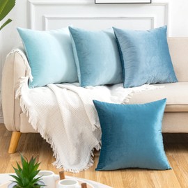 Yonous Gradient Colors Combo Set Cushion Covers, Premium Velvet Soft Square Decorative Throw Pillow for Sofa Bedroom Car, Set of 4, (18''x18'', Blue-Light Blue)