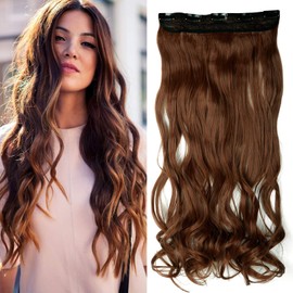 Silk-co 17inch One Piece 5 Clips Clip in Hair Extensions 100% Synthetic Long Curly Hairpiece 3/4 Full Head (Vivid Auburn)