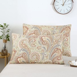 STYHO 100% Egyptian Cotton Decorative Floral Printed Pillow Cases 2 Pack Rectangular Standard Size Pillow Cover Envelope Closure for Hair and Skin(Gold,50 x 75cm)