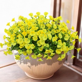 LikSoor 16 Bundles Artificial Flowers Outdoor Spring Summer Decoration Fake Silk Colorful Daisy Eucalyptus Realistic UV Outside Faux Plants for Garden Porch Window Box Home Decor Morning Glory Yellow