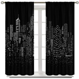 Yearn Jear New York Curtains Black White Modern Night City Window Drapes for Bedroom Living Room Cafe 2 Panels W42 x L45 Inch