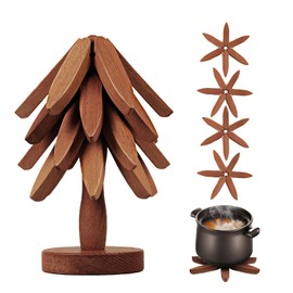 GAESHOW Wooden Coasters, Tree Shape Coasters Includes 5 Wooden Coasters and 1 Stand, Wood Anti-scalding Insulation Mat for Hot Dishes, Pot, Bowl, Teapot (Dark Colour)