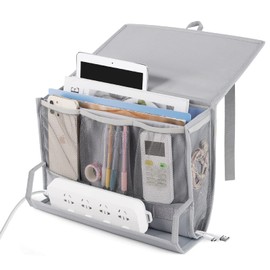 Retyion Bedside Storage Organizer with Power Strip Holder and Adjustable Straps Bed Hanging Bag for Home Bunk Bed Dorm Sofa (Light Gray)