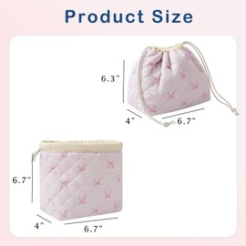 RSRSLEII Small Cotton Quilted Drawstring Makeup Bag, Cute Coquette Drawstring Cosmetic Bag with Canvas Lining, Aesthetic Travel Organized Toiletry Bags for Purse (13Small Pink Bow)